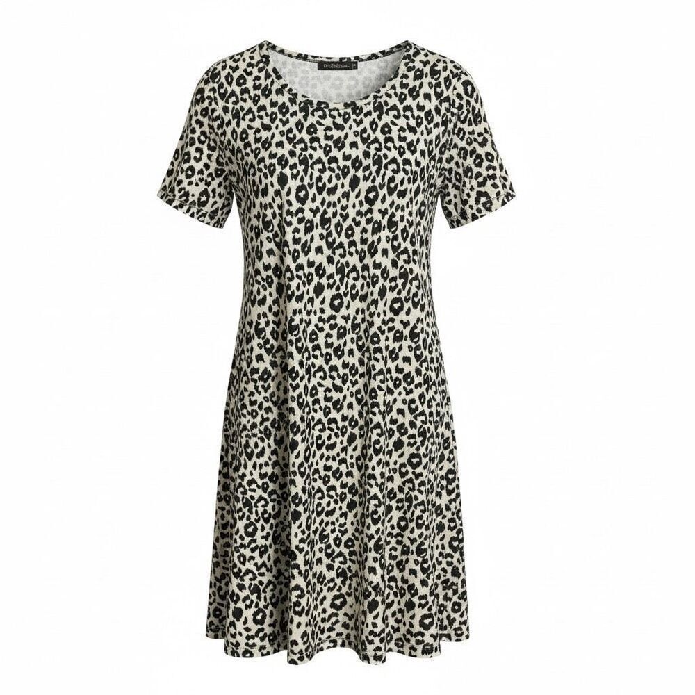 Leopard Print Stretch Short Sleeve Crew Neck A-Line Dress Black Cream Size 3XL